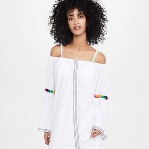 PITUSA Off Shoulder Tunic Coverup w/ Pom Pom Trim and Flared Sleeves - O/S